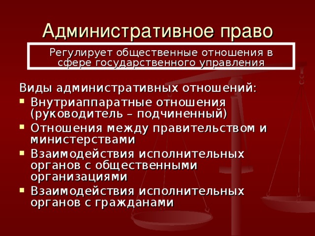 Административное право Регулирует общественные отношения в сфере государственного управления Виды административных отношений: Внутриаппаратные отношения (руководитель – подчиненный) Отношения между правительством и министерствами Взаимодействия исполнительных органов с общественными организациями Взаимодействия исполнительных органов с гражданами 