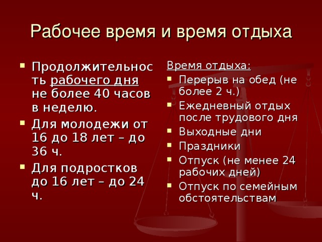 Рабочее время и время отдыха Продолжительность рабочего дня не более 40 часов в неделю. Для молодежи от 16 до 18 лет – до 36 ч. Для подростков до 16 лет – до 24 ч. Время отдыха: Перерыв на обед (не более 2 ч.) Ежедневный отдых после трудового дня Выходные дни Праздники Отпуск (не менее 24 рабочих дней) Отпуск по семейным обстоятельствам 