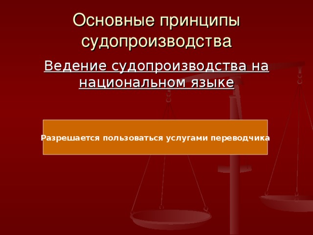 Основные принципы судопроизводства Ведение судопроизводства на национальном языке Разрешается пользоваться услугами переводчика 