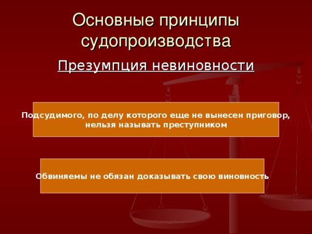 Основные принципы судопроизводства Презумпция невиновности Подсудимого, по делу которого еще не вынесен приговор, нельзя называть преступником Обвиняемы не обязан доказывать свою виновность 