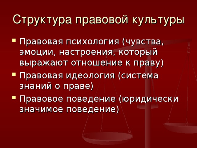 Структура правовой культуры Правовая психология (чувства, эмоции, настроения, который выражают отношение к праву) Правовая идеология (система знаний о праве) Правовое поведение (юридически значимое поведение) 