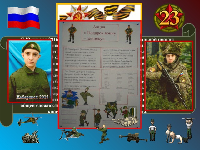 С 19 января 2016 г. по 29 января 2016 г. учащиеся начальной школы приняли активное участие в акции «Подарок воину-земляку». Силами ребят и их классных руководителей были собраны посылки-подарки к празднику 23 февраля , отправлены в срок, и трое ребят, бывших учеников нашей школы, а ныне солдаты Российской армии, проходящие службу в разных регионах нашей страны, получили гостинцы к празднику. Позже, общаясь с родителями этих солдат, мы узнали, что такой сюрприз был для них неожиданный и очень приятный. Мама Димы Дицель сказала, что такая посылка пришла только Диме среди его сослуживцев. Он очень гордился таким вниманием. А Артем Кусайкин выразил свою благодарность через газету «Красный маяк». В общей сложности в акции приняли 62 ученика начальной школы и 5 классных руководителей начальной школы. 