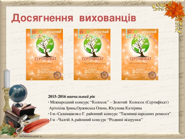 Досягнення вихованців 2015-2016 навчальний рік · Міжнародний конкурс “Колосок” – Золотий Колосок (Сертифікат)  Артохіна Ірина,Орловська Олена, Юсупова Катерина · І м.-Саламашенко Г. районний конкурс “Таємниці народних ремесел” · І м –Чалгій А.районний конкурс “Різдвяні візерунки” 