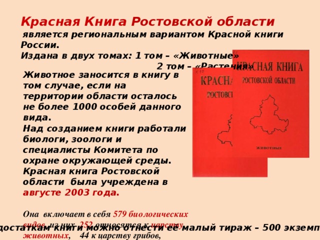 Красная Книга  Ростовской области  является региональным вариантом Красной книги России. Издана в двух томах: 1 том – «Животные»  2 том – «Растения»   Животное заносится в книгу в том случае, если на территории области осталось не более 1000 особей данного вида. Над созданием книги работали биологи, зоологи и специалисты Комитета по охране окружающей среды. Красная книга Ростовской области была учреждена в  августе 2003 года.  Она включает в себя 579 биологических видов, из них 252 относятся к царству животных , 44 к царству грибов,  279 к царству растений.     К недостаткам книги можно отнести её малый тираж – 500 экземпляров. 