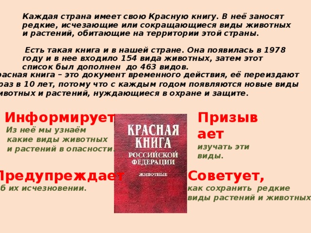 Каждая страна имеет свою Красную книгу. В неё заносят редкие, исчезающие или сокращающиеся виды животных и растений, обитающие на территории этой страны.   Есть такая книга и в нашей стране. Она появилась в 1978 году и в нее входило 154 вида животных, затем этот список был дополнен до 463 видов.    Красная книга – это документ временного действия, её переиздают 1 раз в 10 лет, потому что с каждым годом появляются новые виды животных и растений, нуждающиеся в охране и защите. Призывает Информирует изучать эти виды.  Из неё мы узнаём  какие виды животных  и растений в опасности . Предупреждает Советует, как сохранить редкие  об их исчезновении.  виды растений и животных.   