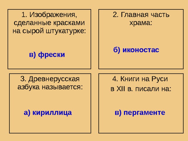 1. Изображения, сделанные красками на сырой штукатурке: 2. Главная часть храма: б) иконостас  в) фрески  3. Древнерусская азбука называется: 4. Книги на Руси в XII в. писали на: а) кириллица в) пергаменте 