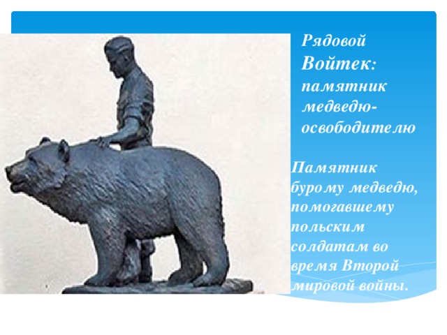Рядовой Войтек : памятник медведю-освободителю  Памятник  бурому медведю, помогавшему польским солдатам во время Второй мировой войны. 