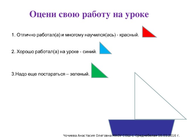 Оцени свою работу на уроке Чочиева Анастасия Олеговна МАОУ СОШ с. Среднебелая 16.03.2016 г.
