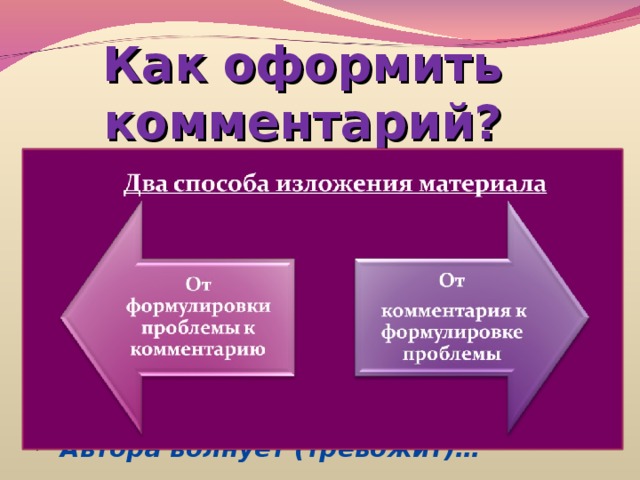 Как оформить комментарий?  Автор раскрывает проблему на примере…  В центре внимания автора…  Автор говорит о том, что…  Автор обращает внимание на …  Автор доказывает (убеждает, осуждает, иронизирует, одобряет, поддерживает, негодует, восхищается, удивляется)…  Автора волнует (тревожит)… 