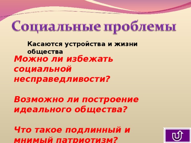 Касаются устройства и жизни общества Можно ли избежать социальной несправедливости?  Возможно ли построение идеального общества?  Что такое подлинный и мнимый патриотизм? 