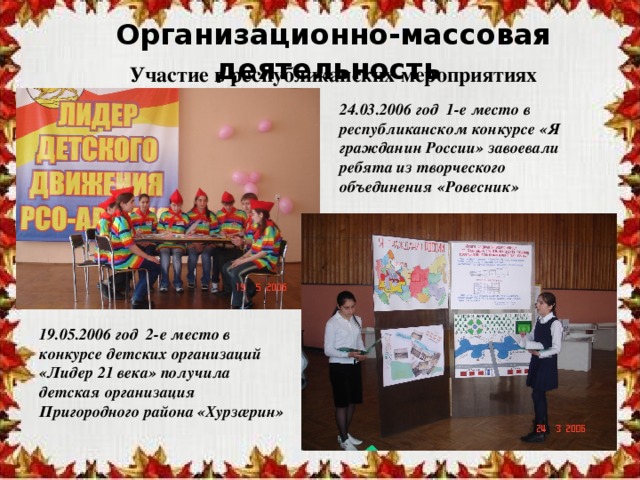 Организационно-массовая деятельность Участие в республиканских мероприятиях 24.03.2006 год 1-е место в республиканском конкурсе «Я гражданин России» завоевали ребята из творческого объединения «Ровесник» 19.05.2006 год 2-е место в конкурсе детских организаций «Лидер 21 века» получила детская организация Пригородного района «Хурзæрин» 