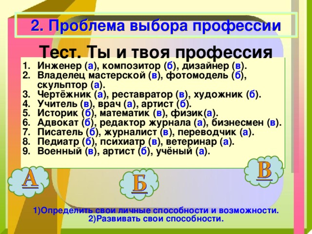 2. Проблема выбора профессии Тест. Ты и твоя профессия Инженер ( а ), композитор ( б ), дизайнер ( в ). Владелец мастерской ( в ), фотомодель ( б ), скульптор ( а ). Чертёжник ( а ), реставратор ( в ), художник ( б ). Учитель ( в ), врач ( а ), артист ( б ). Историк ( б ), математик ( в ), физик( а ). Адвокат ( б ), редактор журнала ( а ), бизнесмен ( в ). Писатель ( б ), журналист ( в ), переводчик ( а ). Педиатр ( б ), психиатр ( в ), ветеринар ( а ). Военный ( в ), артист ( б ), учёный ( а ). 1)Определить свои личные способности и возможности. 2)Развивать свои способности. 