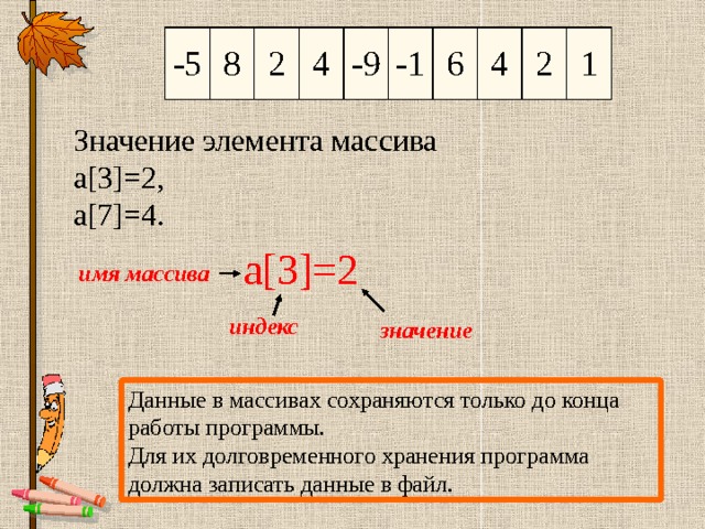 -5 8 2 4 -9 -1 6 4 2 1 Значение элемента массива а[3]=2, а[7]=4. а[3]=2 имя массива индекс значение Данные в массивах сохраняются только до конца работы программы. Для их долговременного хранения программа должна записать данные в файл. 