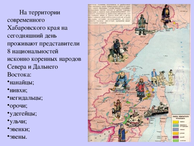  На территории современного Хабаровского края на сегодняшний день проживают представители 8 национальностей исконно коренных народов Севера и Дальнего Востока: нанайцы; нивхи; негидальцы; орочи; удегейцы; ульчи; эвенки; эвены. 