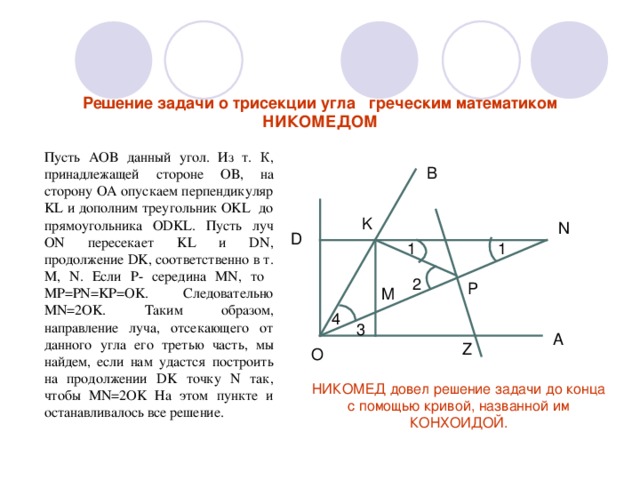Решение задачи о трисекции угла греческим математиком НИКОМЕДОМ Пусть AOB данный угол. Из т. К, принадлежащей стороне ОВ, на сторону ОА опускаем перпендикуляр KL и дополним треугольник OKL до прямоугольника О DKL . Пусть луч ON пересекает KL и DN , продолжение DK , соответственно в т. M, N . Если Р- середина MN, то MP=PN=KP=OK. Следовательно MN=2OK. Таким образом, направление луча, отсекающего от данного угла его третью часть, мы найдем, если нам удастся построить на продолжении DK точку N так, чтобы MN=2OK На этом пункте и останавливалось все решение. B K N D 1 1 2 P M 4 3 A Z O НИКОМЕД довел решение задачи до конца с помощью кривой, названной им КОНХОИДОЙ. 