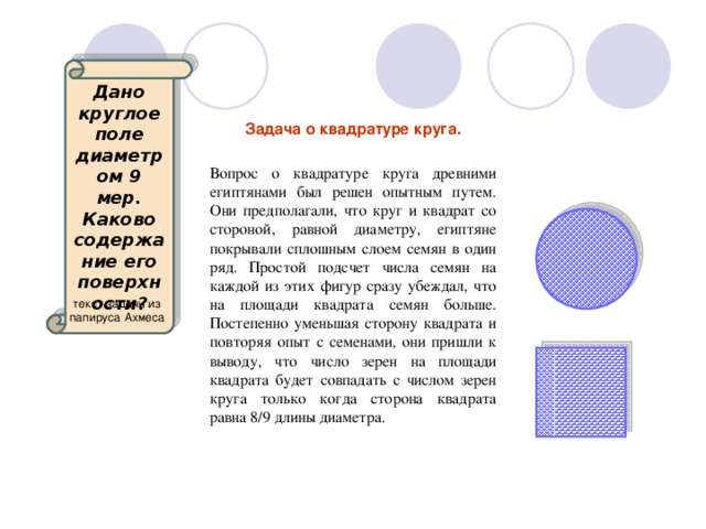 Дано круглое поле диаметром 9 мер. Каково содержание его поверхности? Задача о квадратуре круга. Вопрос о квадратуре круга древними египтянами был решен опытным путем. Они предполагали, что круг и квадрат со стороной, равной диаметру, египтяне покрывали сплошным слоем семян в один ряд. Простой подсчет числа семян на каждой из этих фигур сразу убеждал, что на площади квадрата семян больше. Постепенно уменьшая сторону квадрата и повторяя опыт с семенами, они пришли к выводу, что число зерен на площади квадрата будет совпадать с числом зерен круга только когда сторона квадрата равна 8/9 длины диаметра. текст задачи из папируса Ахмеса 