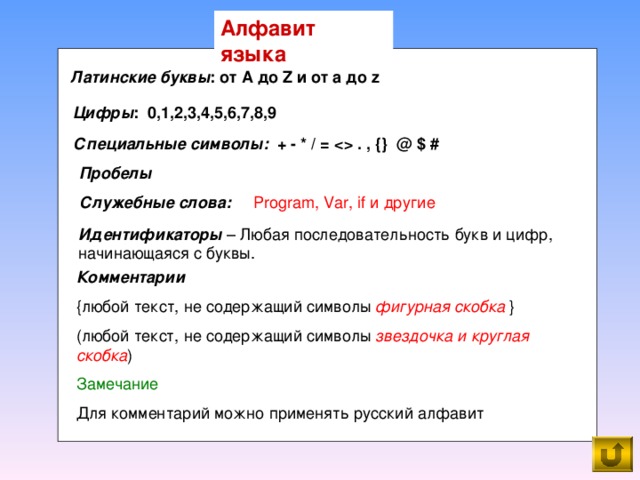 Алфавит языка Латинские буквы : от A до Z и от а до z  Цифры : 0,1,2,3,4,5,6,7,8,9 Специальные символы: + - * / =  . , {} @ $ # Пробелы Служебные слова :  Program, Var, if и другие  Идентификаторы – Любая последовательность букв и цифр, начинающаяся с буквы. Комментарии  { любой текст, не содержащий символы фигурная скобка  } (любой текст, не содержащий символы звездочка и круглая скобка ) Замечание Для комментарий можно применять русский алфавит