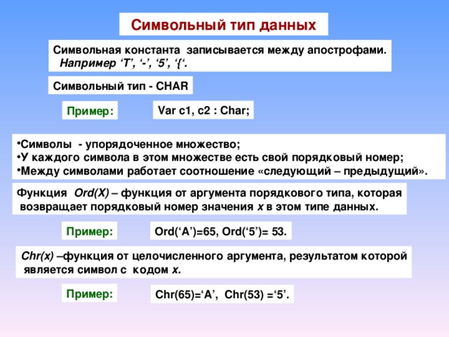 Символьный тип данных Символьная константа записывается между апострофами.  Например ‘T’, ‘-’, ‘5’, ‘{‘. Символьный тип - CHAR Var c1, c2 : Char; Пример: Символы - упорядоченное множество; У каждого символа в этом множестве есть свой порядковый номер; Между символами работает соотношение «следующий – предыдущий».  Функция Ord(X) – функция от аргумента порядкового типа, которая  возвращает порядковый номер значения x в этом типе данных. Пример: Ord(‘A’)=65, Ord(‘5’)= 53. Chr(x) – функция от целочисленного аргумента, результатом которой  является символ с кодом x. Пример: Chr(65)=‘A’, Chr(53) =‘5’.
