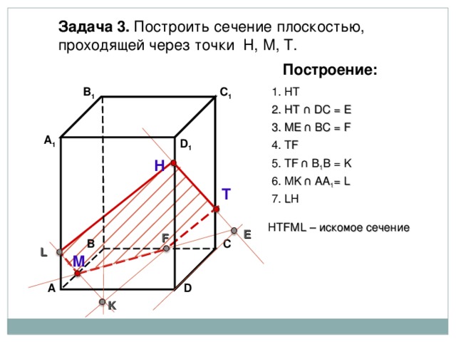 Задача 3. Построить сечение плоскостью, проходящей через точки Н, М, Т. Построение: В 1 C 1 1. НТ 2. НТ ∩ D С  = E 3 . ME  ∩ ВС  = F А 1 D 1 4. Т F 5. Т F  ∩ В 1 В  = K Н 6. М K  ∩ АА 1 = L Т 7. L Н НТ F М L – искомое сечение E F В С L М D А K 