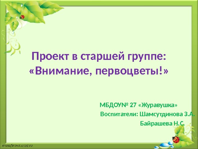 Проект в старшей группе: «Внимание, первоцветы!» МБДОУ№ 27 «Журавушка»  Воспитатели: Шамсутдинова З.А.  Байрашева Н.С. 