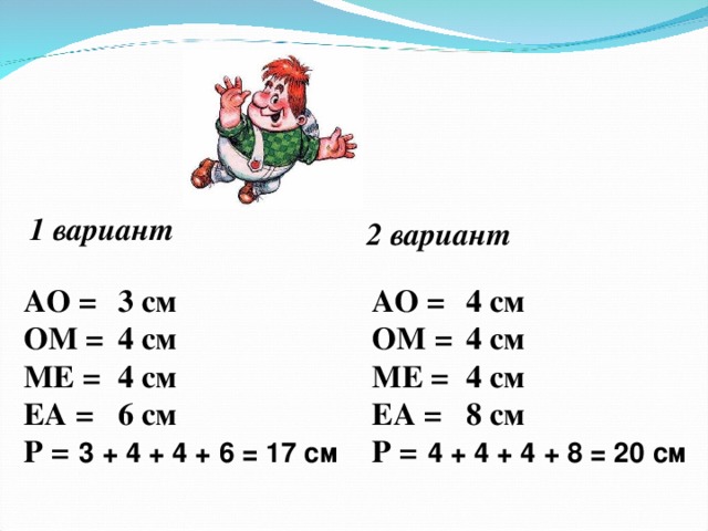 1 вариант 2 вариант АО = ОМ = МЕ = ЕА = Р = АО = ОМ = МЕ = ЕА = Р = 3 см 4 см 4 см 6 см 4 см 4 см 4 см 8 см 3 + 4 + 4 + 6 = 17 см 4 + 4 + 4 + 8 = 20 см  