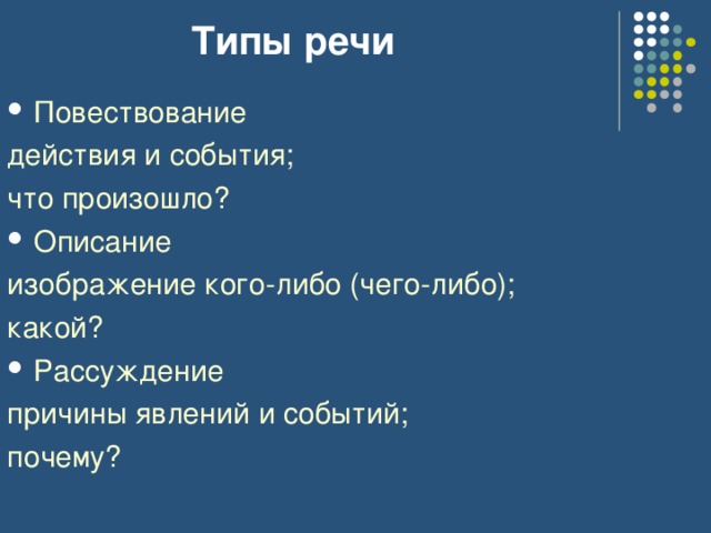 Типы речи Повествование действия и события; что произошло? Описание изображение кого-либо (чего-либо); какой? Рассуждение причины явлений и событий; почему? 