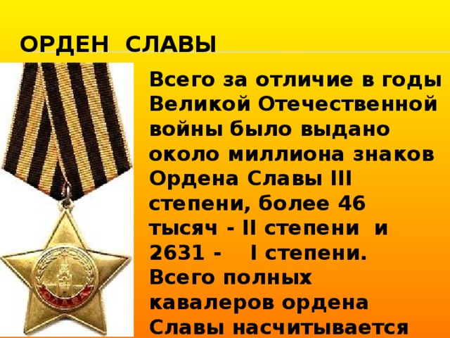 Орден Славы Всего за отличие в годы Великой Отечественной войны было выдано около миллиона знаков Ордена Славы III степени, более 46 тысяч - II степени и 2631 - I степени. Всего полных кавалеров ордена Славы насчитывается 2656 человек, среди них - четыре женщины.