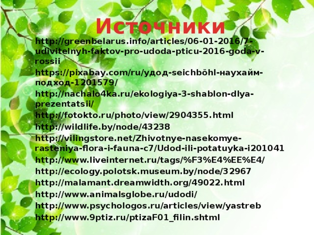 Источники http://greenbelarus.info/articles/06-01-2016/7-udivitelnyh-faktov-pro-udoda-pticu-2016-goda-v-rossii https://pixabay.com/ru/удод-seichböhl-наухайм-подход-1201579/ http://nachalo4ka.ru/ekologiya-3-shablon-dlya-prezentatsii/ http://fotokto.ru/photo/view/2904355.html http://wildlife.by/node/43238 http://vilingstore.net/Zhivotnye-nasekomye-rasteniya-flora-i-fauna-c7/Udod-ili-potatuyka-i201041 http://www.liveinternet.ru/tags/%F3%E4%EE%E4/ http://ecology.polotsk.museum.by/node/32967 http://malamant.dreamwidth.org/49022.html http://www.animalsglobe.ru/udodi/ http://www.psychologos.ru/articles/view/yastreb http://www.9ptiz.ru/ptizaF01_filin.shtml         