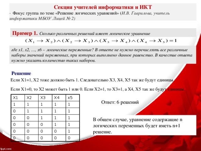 Секция учителей информатики и ИКТ ·  Фокус группа по теме «Решение логических уравнений» ( И.В. Гаврилова, учитель информатики МБОУ Лицей № 2) Пример 1. Сколько различных решений имеет логическое уравнение  где x1, x2, …, x6 – логические переменные? В ответе не нужно перечислять все различные наборы значений переменных, при которых выполнено данное равенство. В качестве ответа нужно указать количество таких наборов. Решение Если X1=1, X2 тоже должно быть 1. Следовательно X3, X4, X5 так же будут единицы. Если X1=0, то X2 может быть 1 или 0. Если X2=1, то X3=1, а X4, X5 так же будут единицы. X1 1 X2 0 X3 1 0 X4 1 1 0 0 1 1 x5 0 1 1 1 0 1 1 0 0 0 1 0 1 0 1 0 0 1 0 0 Ответ: 6 решений В общем случае, уравнение содержащие n логических переменных будет иметь n+1 решение. 