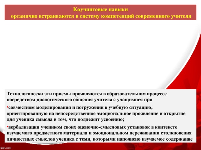 Ценностное, содержательное и технологическое обновление образования неизбежно требует изменения профессиональных компетентностей самого учителя Чтобы помочь учителю в этих изменениях, необходимо поставить его перед необходимостью рефлексивной оценки своей возможности реализовать себя в новых актуальных ролях. Коучинговые навыки  органично встраиваются в систему компетенций современного учителя Технологически эти приемы проявляются в образовательном процессе посредством диалогического общения учителя с учащимися при совместном моделирования и погружении в учебную ситуацию, ориентированную на непосредственное эмоциональное проявление и открытие для ученика смысла в том, что подлежит усвоению; вербализации учеником своих оценочно-смысловых установок в контексте изучаемого предметного материала и эмоциональном переживании столкновения личностных смыслов ученика с теми, которыми наполнено изучаемое содержание 