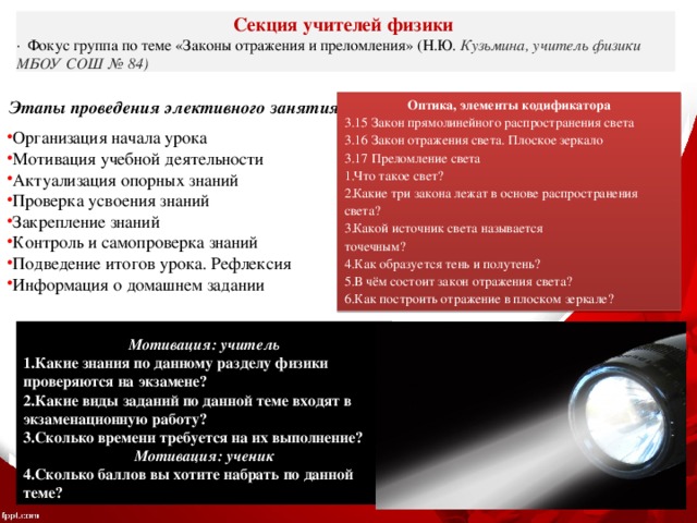 Секция учителей физики ·  Фокус группа по теме «Законы отражения и преломления» (Н.Ю. Кузьмина, учитель физики МБОУ СОШ № 84) Этапы проведения элективного занятия  Оптика, элементы кодификатора Организация начала урока Мотивация учебной деятельности Актуализация опорных знаний Проверка усвоения знаний Закрепление знаний Контроль и самопроверка знаний Подведение итогов урока. Рефлексия Информация о домашнем задании 3.15 Закон прямолинейного распространения света 3.16 Закон отражения света. Плоское зеркало 3.17 Преломление света Что такое свет? Какие три закона лежат в основе распространения света? Какой источник света называется точечным? 4.Как образуется тень и полутень? 5.В чём состоит закон отражения света? 6.Как построить отражение в плоском зеркале?  Мотивация: учитель Какие знания по данному разделу физики проверяются на экзамене? Какие виды заданий по данной теме входят в экзаменационную работу? Сколько времени требуется на их выполнение? Мотивация: ученик Сколько баллов вы хотите набрать по данной теме? 