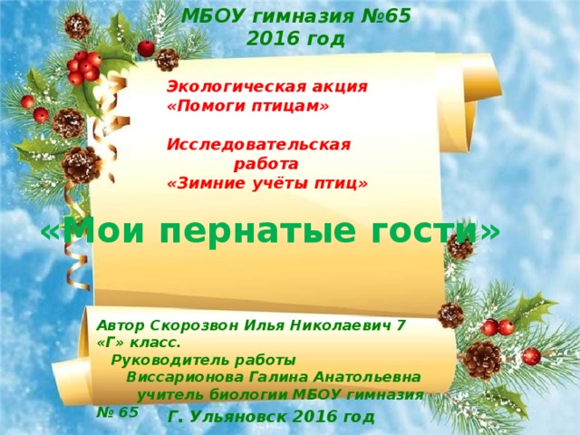 МБОУ гимназия №65 2016 год Экологическая акция «Помоги птицам»  Исследовательская работа «Зимние учёты птиц» «Мои пернатые гости» Автор Скорозвон Илья Николаевич 7 «Г» класс.  Руководитель работы  Виссарионова Галина Анатольевна  учитель биологии МБОУ гимназия № 65 Г. Ульяновск 2016 год 
