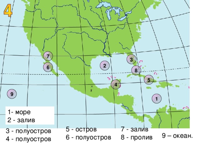 7 3 2 6 8 5 4 9 1 1- море 2 - залив 5 - остров 6 - полуостров 7 - залив 8 - пролив 3 - полуостров 4 - полуостров 9 – океан. 