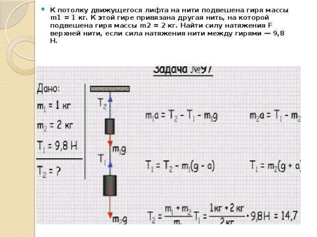 Грузы массами m1 равно 3 кг. Сила натяжения нити с двумя грузами. Сила натяжения нити в блоках. Гиря подвешена на нити. К потолку движущегося лифта на нити подвешена гиря массой 1 кг.