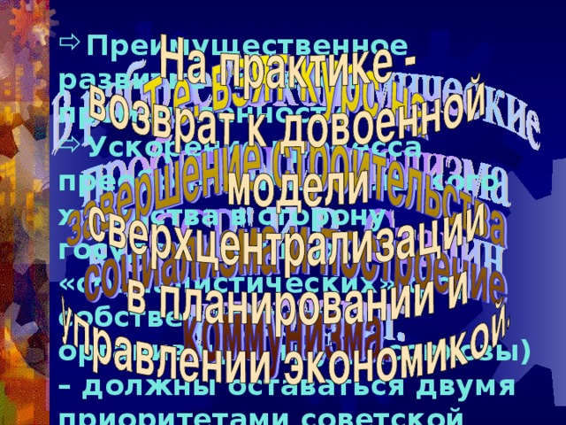 Преимущественное развитие тяжелой промышленности Ускорение процесса преобразования сельского хозяйства в сторону государственных и «социалистических» форм собственности и организации труда(совхозы) – должны оставаться двумя приоритетами советской экономической политики. 