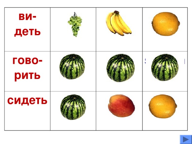 ви-деть see гово-рить speak сидеть saw sit seen spoke spoken sat sat 