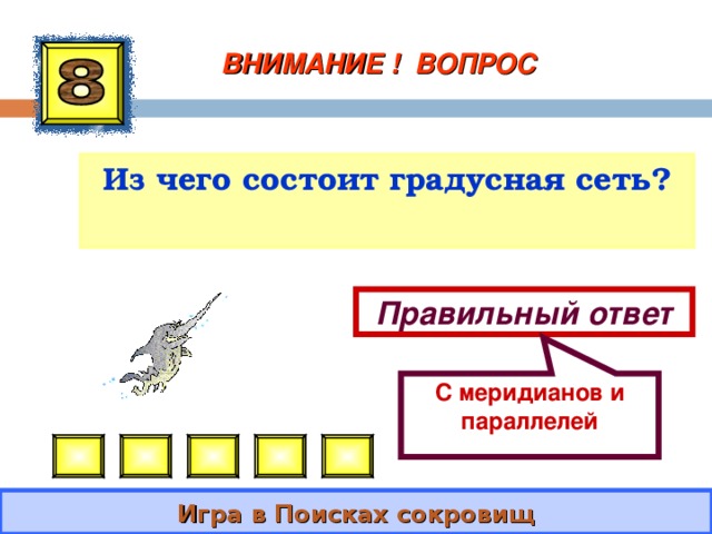С меридианов и параллелей ВНИМАНИЕ ! ВОПРОС Из чего состоит градусная сеть? Правильный ответ Игра в Поисках сокровищ 