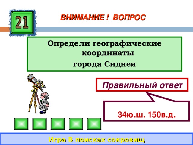  34ю.ш. 150в.д. ВНИМАНИЕ ! ВОПРОС Определи географические координаты города Сиднея  Правильный ответ Игра В поисках сокровищ 