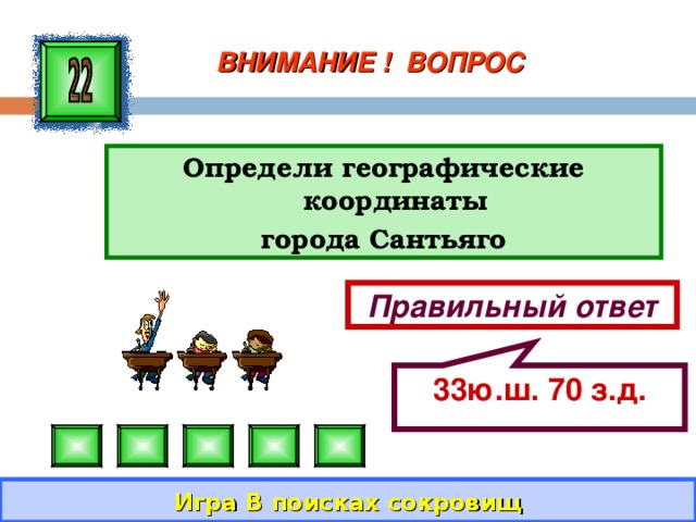 33ю.ш. 70 з.д. ВНИМАНИЕ ! ВОПРОС Определи географические координаты города Сантьяго Правильный ответ Игра В поисках сокровищ 