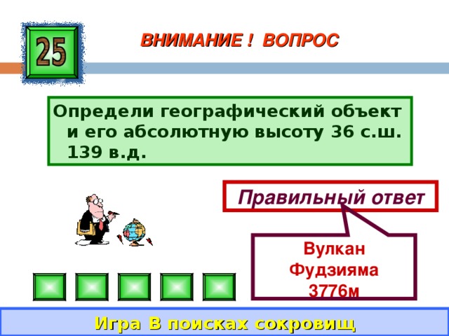 Вулкан Фудзияма 3776м ВНИМАНИЕ ! ВОПРОС Определи географический объект и его абсолютную высоту 36 с.ш. 139 в.д. Правильный ответ Игра В поисках сокровищ 