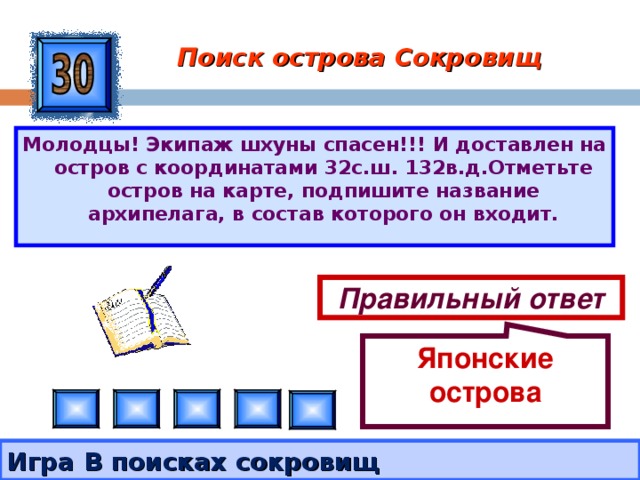 Японские острова Поиск острова Сокровищ Молодцы! Экипаж шхуны спасен!!! И доставлен на остров с координатами 32с.ш. 132в.д.Отметьте остров на карте, подпишите название архипелага, в состав которого он входит. Правильный ответ Игра В поисках сокровищ 