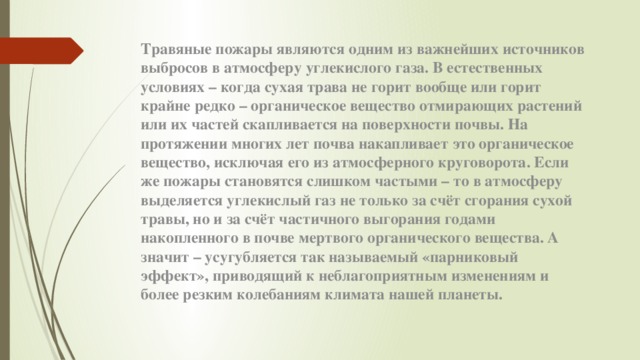 Травяные пожары являются одним из важнейших источников выбросов в атмосферу углекислого газа. В естественных условиях – когда сухая трава не горит вообще или горит крайне редко – органическое вещество отмирающих растений или их частей скапливается на поверхности почвы. На протяжении многих лет почва накапливает это органическое вещество, исключая его из атмосферного круговорота. Если же пожары становятся слишком частыми – то в атмосферу выделяется углекислый газ не только за счёт сгорания сухой травы, но и за счёт частичного выгорания годами накопленного в почве мертвого органического вещества. А значит – усугубляется так называемый «парниковый эффект», приводящий к неблагоприятным изменениям и более резким колебаниям климата нашей планеты. 