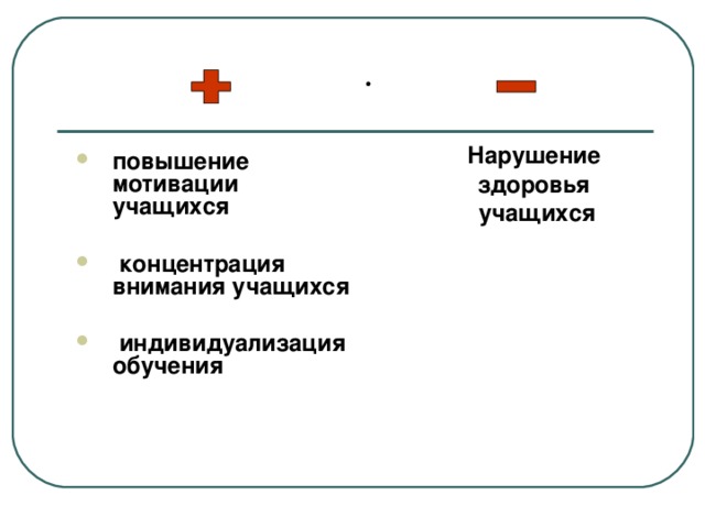 Нарушение здоровья учащихся повышение мотивации учащихся   концентрация внимания учащихся   индивидуализация обучения  