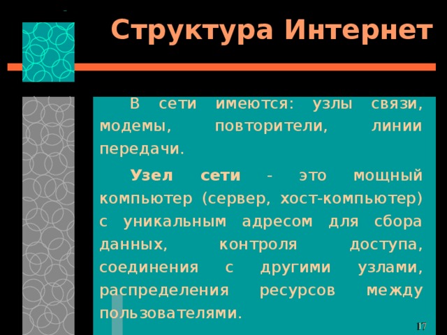 Структура Интернет В сети имеются: узлы связи, модемы, повторители, линии передачи. Узел сети - это мощный компьютер (сервер, хост-компьютер) с уникальным адресом для сбора данных, контроля доступа, соединения с другими узлами, распределения ресурсов между пользователями. 11 
