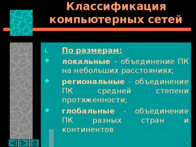 Классификация компьютерных сетей По размерам: локальные – объединение ПК на небольших расстояниях; региональные - объединение ПК средней степени протяженности; глобальные - объединение ПК разных стран и континентов 