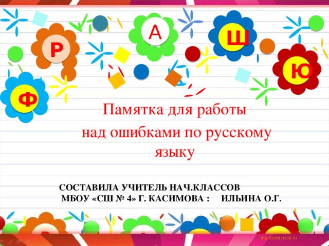 А Ш Р Ю Памятка для работы над ошибками по русскому языку Ф Составила учитель нач.классов  мбоу «сш № 4» г. касимова : Ильина о.г. 