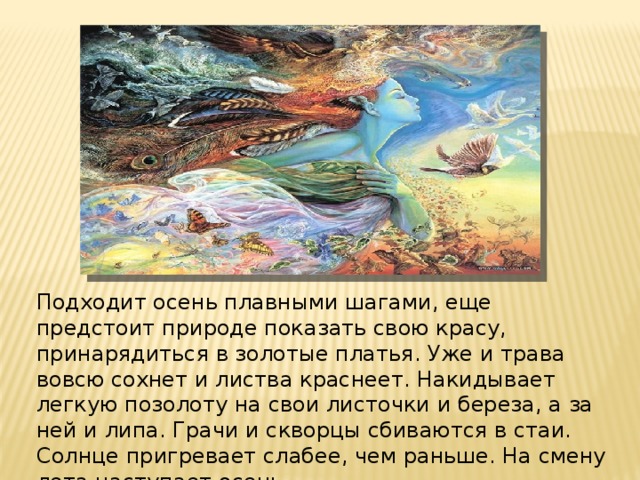 Подходит осень плавными шагами, еще предстоит природе показать свою красу, принарядиться в золотые платья. Уже и трава вовсю сохнет и листва краснеет. Накидывает легкую позолоту на свои листочки и береза, а за ней и липа. Грачи и скворцы сбиваются в стаи. Солнце пригревает слабее, чем раньше. На смену лета наступает осень .