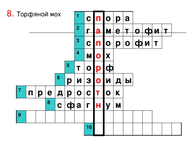 8.  Торфяной мох 1 с п о р а  г 2 а е т о ф и т м т о  и ф р о п с 3  х о м 4 5 т о р ф ы 6  и д о и р з р к о с о т д е р п 7 8 с ф а г н у м 9 10 