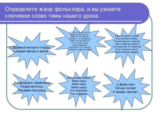 Определите жанр фольклора, и вы узнаете ключевое слово темы нашего урока. 2.Три-та-та, три-та-та! Вышла кошка за кота. Ходит кот по лавочке, А кошечка – по подлавочке. Ловит кота за лапочки: Ох ты, котик, котик, Крутолобенький! Поиграй ты, кот, со мной, С Машкой, кошкой молодой! 3.Как по речке, по реке Ехал рыжий на быке. Рыжий красного спросил -Чем ты бороду красил? -Я не краской, не помазкой, Я на солнышке лежал, Кверху бороду держал. 1.Деревья смотри в плодах, а людей смотри в делах 5.Катилось яблоко Мимо сада. Мимо сада, Мимо града. Кто поднимет, Тот и выйдет. ,4.Днём спит, Ночью летает И мышек хватает. 6.Коровушка, бурёнушка Подай молочка, Покорми пастушка. 