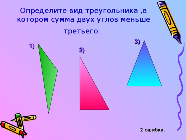 Определите вид треугольника ,в котором сумма двух углов меньше третьего.  3) 1) 2) 2 ошибки. 